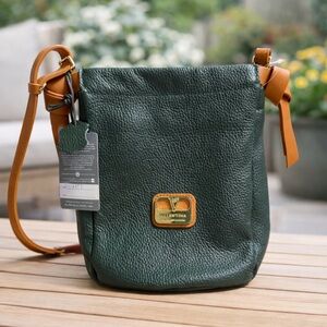 Valentina Italian Leather Crossbody Bag Forest Green Tan Strap Minimalist NWT